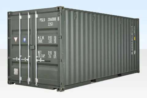 Conteneur maritime de 20 pieds (un seul voyage) vert foncé (RAL 6007).