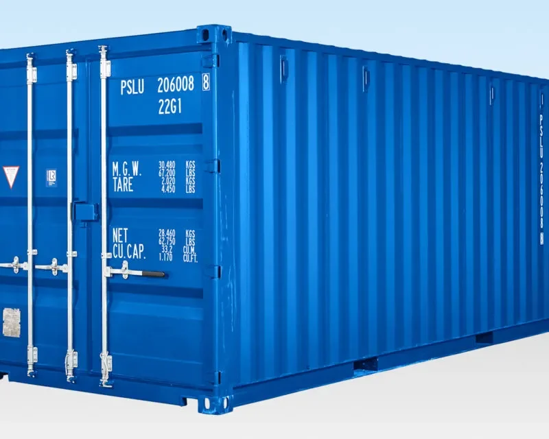 Conteneur de stockage autonome de 20 pieds avec sol en bambou – Bleu (RAL 5010).