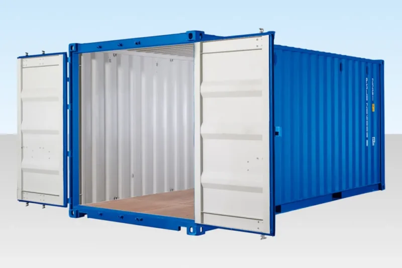 Conteneur de stockage autonome de 20 pieds avec sol en bambou – Bleu (RAL 5010). - Image 4