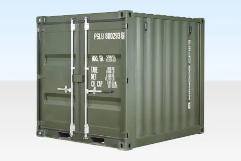 Conteneur maritime de 8 pieds, un seul voyage, vert (RAL 6007).